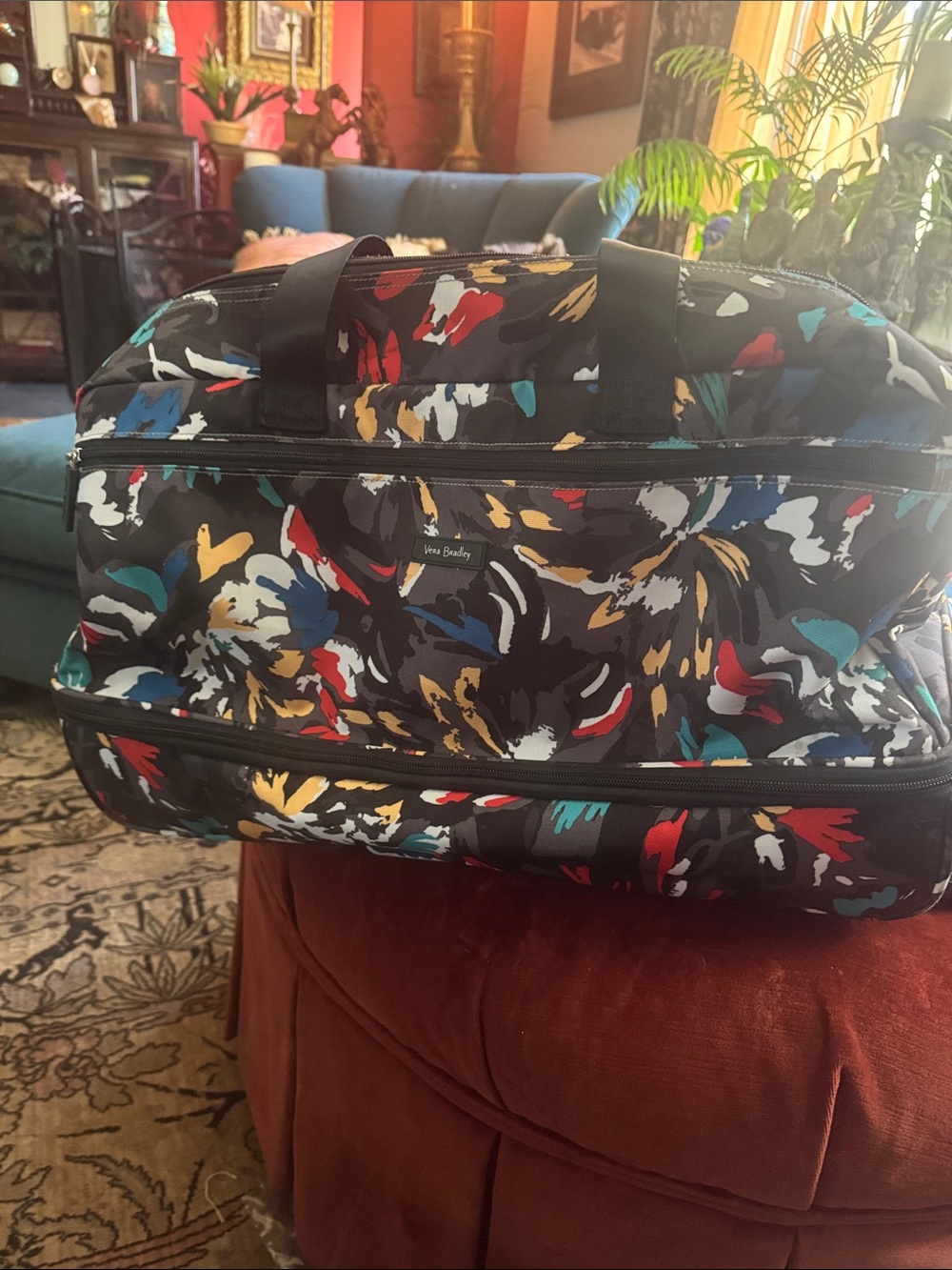 Vera Bradley Black Floral Travel Bag with Red, Blue, Yellow & Teal Accents